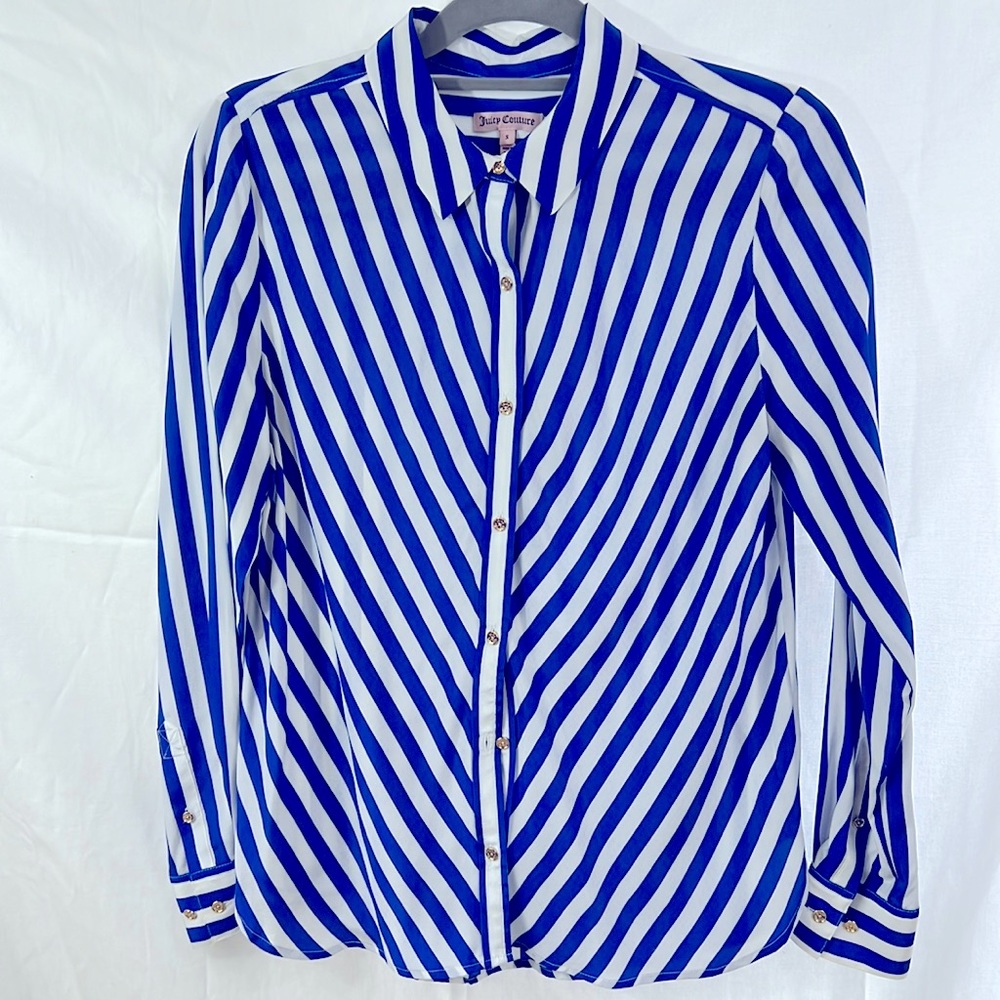 Juice Couture silk blouse with white and blue stripes gold buttons